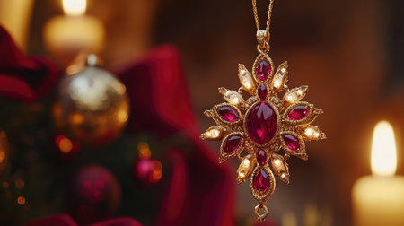 Stunning golden pendant adorned with vibrant red gems and pearls, beautifully lit by soft candlelight, perfect for holiday decorations and celebrations.の素材