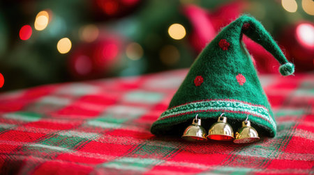 A charming green Christmas hat featuring jingle bells rests on a vibrant red plaid tablecloth, set against twinkling lights, evoking a warm holiday spirit.の素材