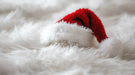 A vibrant red Santa hat rests on a plush white fur blanket, complemented by soft snowflake accents, creating a cozy and festive atmosphere perfect for holiday celebrations.の素材