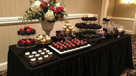 A stunning dessert table featuring an array of delicious cupcakes, adorned with fresh flowers, perfect for adding charm to any special event or celebration.の素材