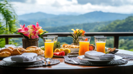 A picturesque breakfast scene set in nature features fresh juices, pastries, and vibrant flowers, evoking a sense of relaxation and culinary delight in a scenic outdoor setting.の素材