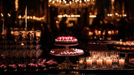 A beautifully arranged dessert table featuring a variety of pastries and cakes, set against a backdrop of dim, inviting lights creating a perfect party atmosphere.の素材