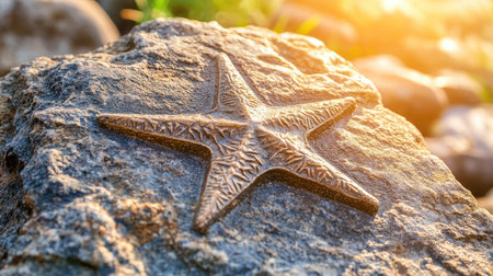 A captivating close-up view of a stone featuring a detailed starfish engraving. Soft sunlight enhances the textures in a tranquil coastal environment. Perfect for nature-themed projects.の素材