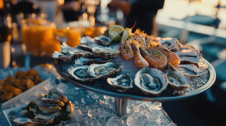A stunning seafood platter showcasing fresh oysters and plump shrimp, served on ice at an outdoor event, capturing the essence of luxury dining during sunset.の素材