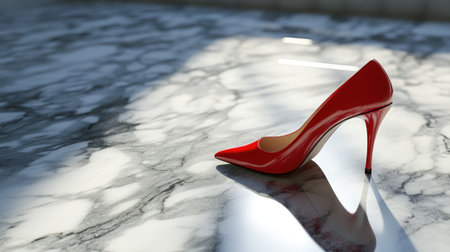 A stunning red high heel shoe elegantly positioned on a polished marble surface, beautifully reflecting light, perfect for fashion imagery or stylish design concepts.の素材