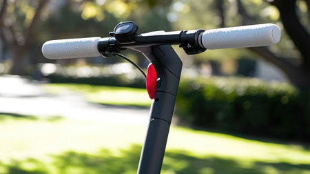 Close-up view of an electric scooter handlebar featuring modern design and user-friendly controls, set in a vibrant park, promoting sustainable urban travel choices.の素材