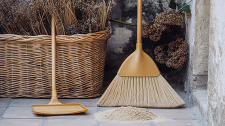 A serene cleaning scene featuring a broom and dustpan beside a charming basket of dried flowers, set on rustic tiles, evoking warmth and simplicity in an inviting home environment.の素材