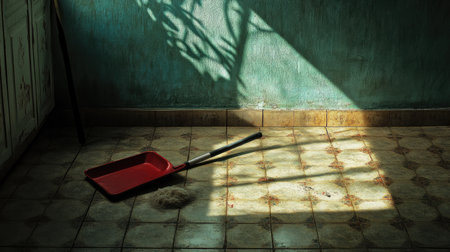 A striking image of a deserted room illuminated by sunlight, highlighting a red dustpan on a dusty floor, evoking feelings of neglect and solitude in a serene environment.の素材