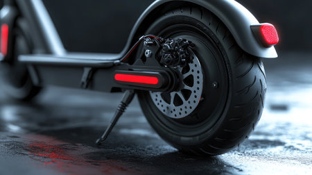 This image showcases a modern electric scooter focusing on its wheel and tail light, emphasizing urban transportation and innovative design for efficient travel solutions.の素材