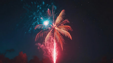 Enjoy a breathtaking fireworks display featuring vibrant colors illuminating the night sky, with a palm tree adding a tropical touch to this festive celebration scene.の素材
