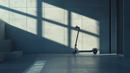 A sleek electric scooter stands against a concrete wall, bathed in natural light, casting striking shadows and creating a serene atmosphere in an urban indoor setting.の素材