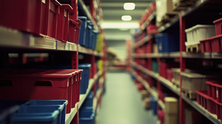 This image showcases a vibrant array of colorful plastic bins lined up on warehouse shelves, emphasizing an organized storage solution in a modern workspace setting.の素材