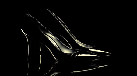 Glamorous black high heel shoes shine brilliantly against a dark backdrop, creating a stunning visual representation of elegance and sophisticated style in fashion photography.の素材