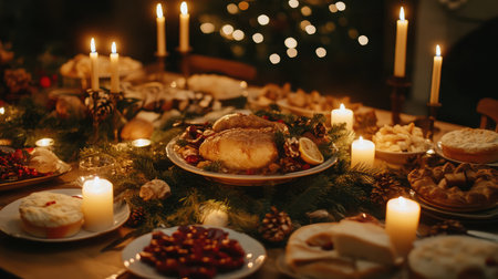 A beautifully arranged holiday table showcases an array of delicious dishes, glowing candles, and festive decorations, creating a warm atmosphere for gatherings and celebrations.の素材