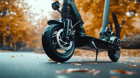 A close-up view of a sleek electric scooter wheel on an autumn path lined with colorful foliage, emphasizing modern transportation in a serene outdoor setting.の素材