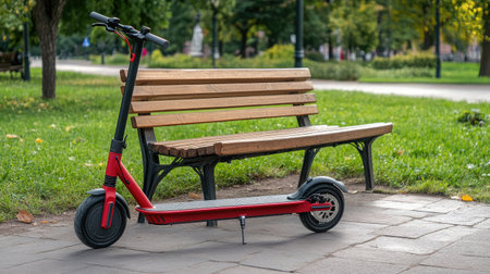 A vibrant red electric scooter is parked beside a wooden bench in a picturesque park. This scene captures the essence of modern urban mobility and outdoor leisure activities.の素材