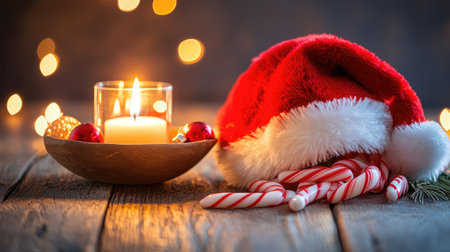 Capture the essence of the holiday spirit with this charming scene featuring a Santa hat, glowing candle, and candy canes, perfect for festive decoration ideas.の素材