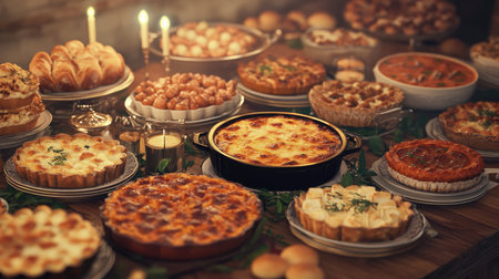 A lavish spread of diverse dishes and desserts surrounds a central pie in an inviting and warm atmosphere, ideal for festive gatherings and family celebrations.の素材
