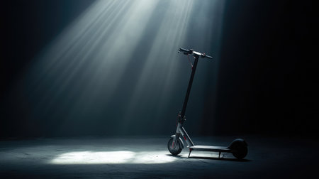 A striking electric scooter stands alone in a dark setting, illuminated by beams of light, showcasing its sleek design and modern appeal suitable for urban living and personal transport.の素材