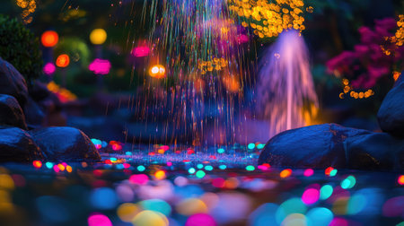 A captivating nighttime garden scene featuring a shimmering waterfall and colorful bokeh lights reflecting on the water surface, creating a serene ambiance.の素材