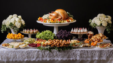 A beautifully arranged holiday feast showcases a roast turkey at the center, surrounded by vibrant vegetables, fruits, desserts, and elegant floral decorations, creating a warm festive atmosphere.の素材