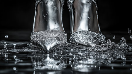 Stunning silver high heels create captivating splashes in water against a dark background, showcasing elegance and fashion through brilliant reflections and dynamic movement.の素材