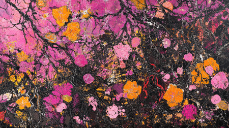 A vibrant abstract artwork featuring bold patterns of pink, orange, and black, ideal for artistic projects or modern interior decor elements.の素材