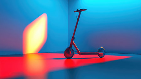 A sleek electric scooter is illuminated in a vibrant, modern space with dynamic blue and red lighting, highlighting the themes of urban mobility and contemporary design.の素材