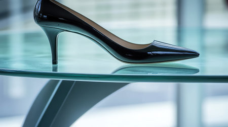 A stunning black high heel shoe elegantly rests on a modern glass table, showcasing its sleek design and shine, perfect for fashion and accessory-themed projects.の素材