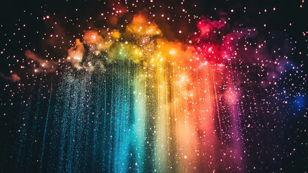A mesmerizing rainbow waterfall cascading against a dark backdrop, with sparkling particles creating a magical and vibrant atmosphere perfect for art and design projects.の素材