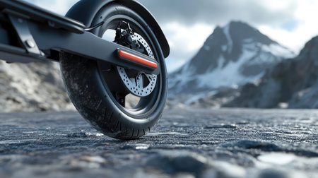 Close-up of a sleek electric scooter wheel on a rugged road, showcasing the tire grip and detailed design, set against stunning mountain scenery and dramatic skies.の素材