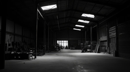 An empty industrial warehouse featuring a vast, open interior with natural light filtering through skylights, creating a serene black and white atmosphere perfect for various creative projects.の素材