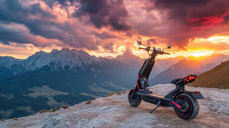 A sleek electric scooter stands prominently on a rocky outcrop, surrounded by breathtaking mountains at sunset, showcasing nature's beauty and adventure potential.の素材