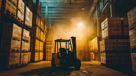 A captivating scene of an industrial warehouse featuring a forklift amidst stacks of wooden pallets. The moody lighting and fog create a dramatic atmosphere perfect for logistics themes.の素材