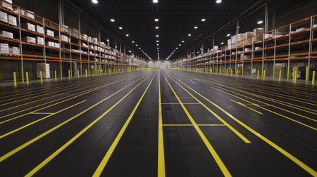 Spacious warehouse interior featuring bright yellow lines on black flooring and high storage shelves, perfect for industrial, logistics, and operational photography needs.の素材