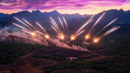 A breathtaking view of colorful fireworks lighting up the night sky over a mountain landscape during dusk, creating a vibrant and atmospheric scene filled with excitement and energy.の素材