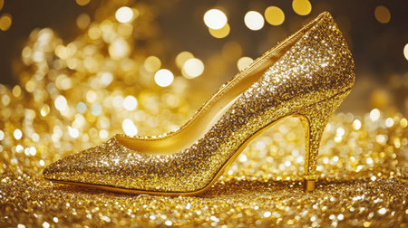A stunning golden high heel shoe adorned with glitter, set against a sparkling gold background, ideal for fashion, luxury, and celebration visuals. Captivating allure and elegance abound.の素材