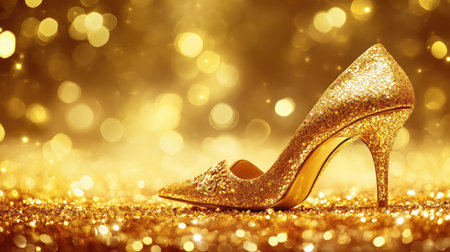 Stunning golden high heel shoe adorned with glitter and set against a shimmering gold backdrop, ideal for fashion and luxury themes in various creative projects.の素材