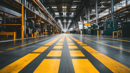 A bright and spacious industrial factory interior showcasing yellow safety lines on the floor alongside machinery and equipment in an organized setting.の素材