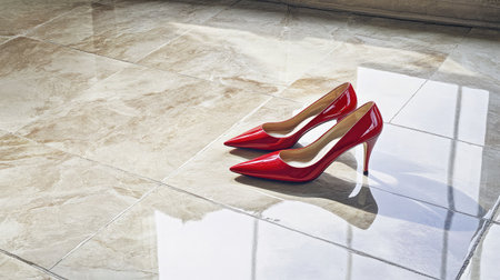 A pair of elegant red high heels on a polished marble floor, illuminated by soft natural light, showcasing beauty and style in an artistic presentation setting.の素材