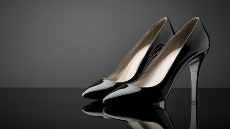 A pair of elegant black high heels shines on a reflective surface, showcasing modern design and timeless style, perfect for fashion shoots and promotional materials.の素材