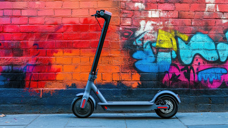A striking electric scooter stands against a colorful graffiti wall, highlighting the blend of modern mobility and vibrant street art in an urban environment.の素材