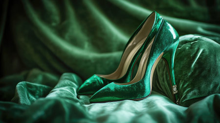 Stunning green high heels elegantly placed on soft velvet fabric, highlighting luxury and style for fashion enthusiasts in a beautiful and chic setting.の素材