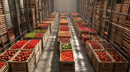 A spacious warehouse filled with neatly arranged wooden crates of freshly harvested tomatoes in various colors, showcasing the abundance and quality of agricultural produce.の素材