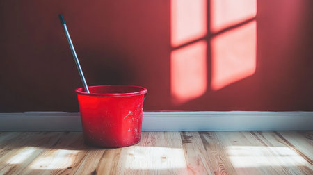 A red cleaning bucket with a mop rests on a wooden floor, illuminated by natural light filtering through a window, creating interesting shadows on the wall.の素材