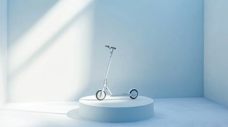 A sleek electric scooter showcased in a bright, minimalistic environment highlighting modern transportation solutions for urban mobility and innovation.の素材