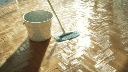 A bright and gleaming wooden floor is being cleaned with a mop and bucket, reflecting sunlight and showcasing cleanliness and upkeep in an inviting interior space.の素材