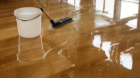 Discover the process of cleaning a wooden floor, showcasing a shiny surface with reflections. A bucket and brush highlight the importance of home maintenance and hygiene.の素材
