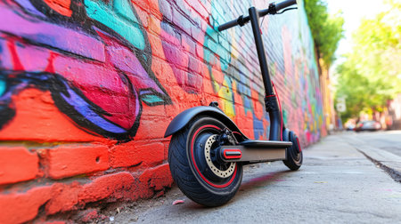 A stylish electric scooter rests against an eye-catching graffiti wall in a vibrant urban alley, perfectly capturing the essence of modern city life and mobility solutions.の素材