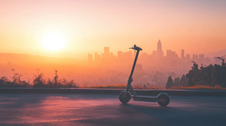 A tranquil electric scooter stands on a deserted road against a stunning sunset, highlighting the blend of modern transportation and natural beauty in an urban setting.の素材